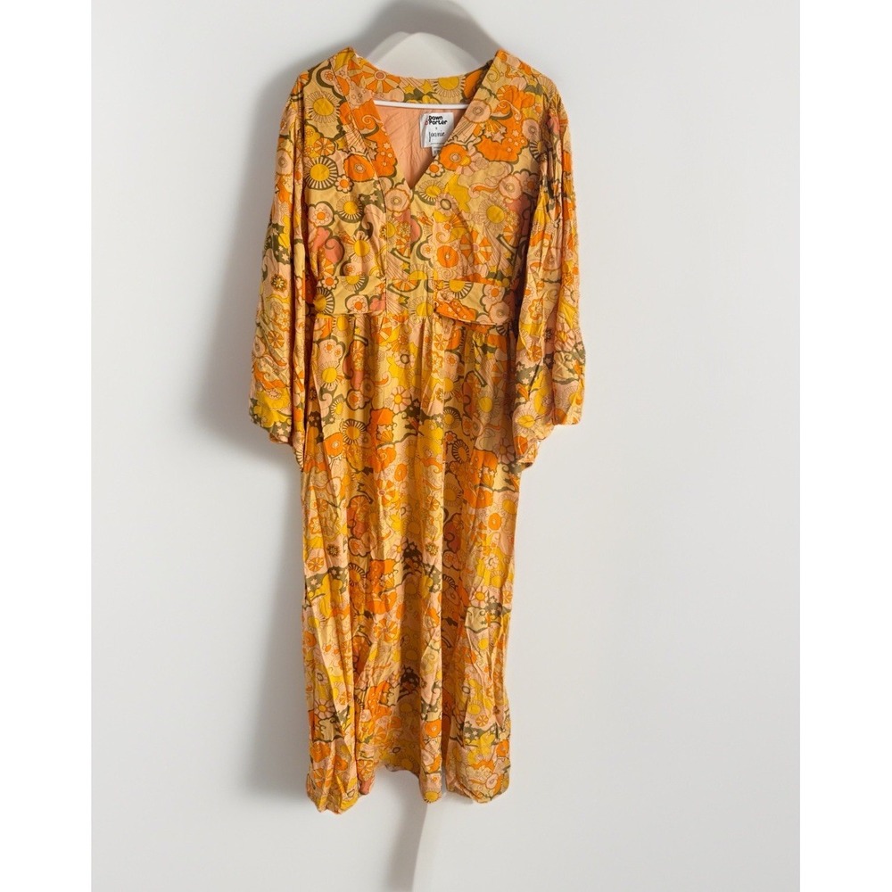 Joanie Dawn O'Porter Maxi Dress Kaftan Floral Flared Sleeve Retro US 16 70s